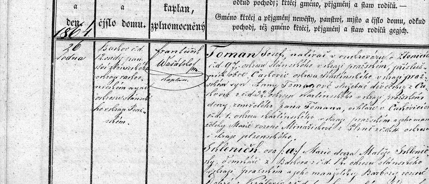 Výřez zápisu: Sňatek Josefa Tomana a Marie Skleničkové