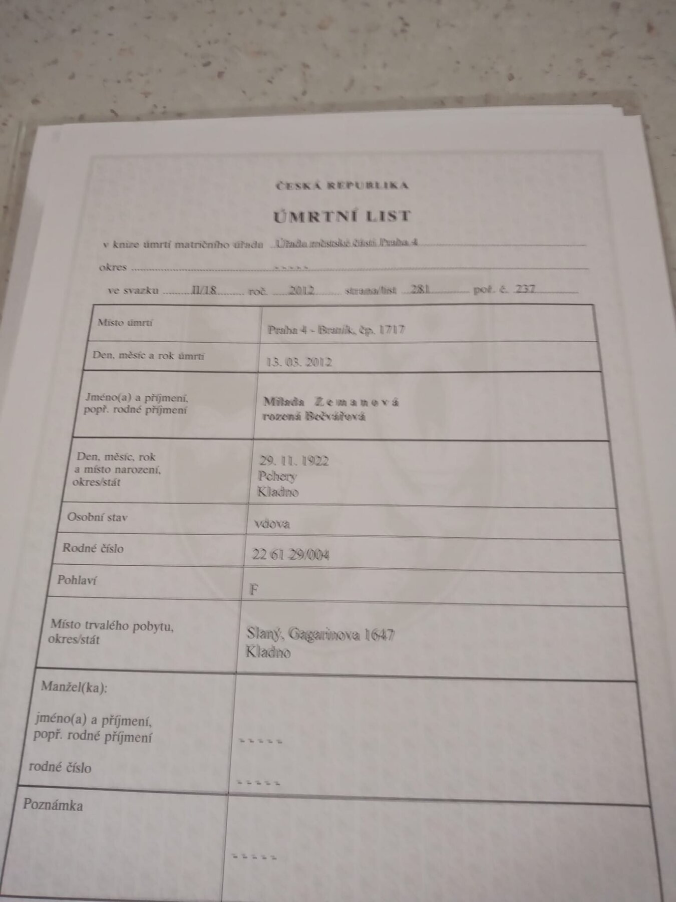Výřez zápisu: Úmrtní list Milady Zemanové