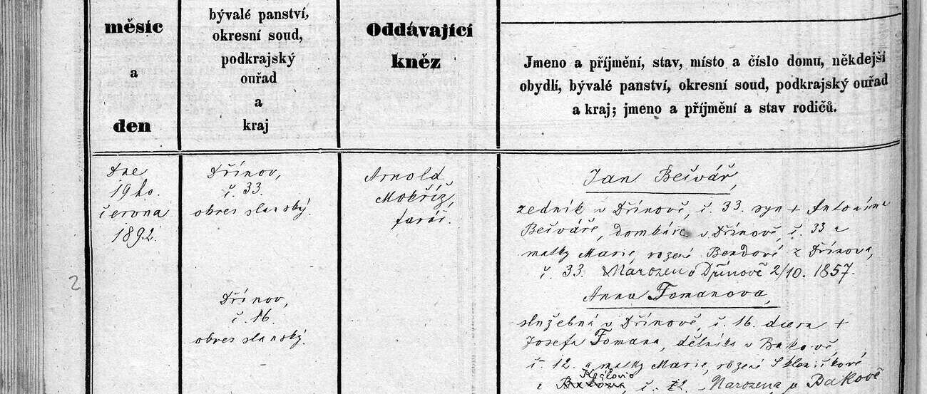 Výřez zápisu: Sňatek Jana Bečváře a Anny Tomanové