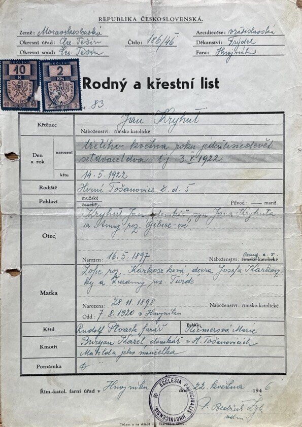 Výřez zápisu: Rodný a křestní list Jana Kryhuta (1922), opis 1946