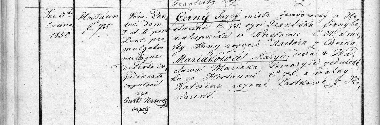 Výřez zápisu: Sňatek Josefa Černého a Marie Mariákové