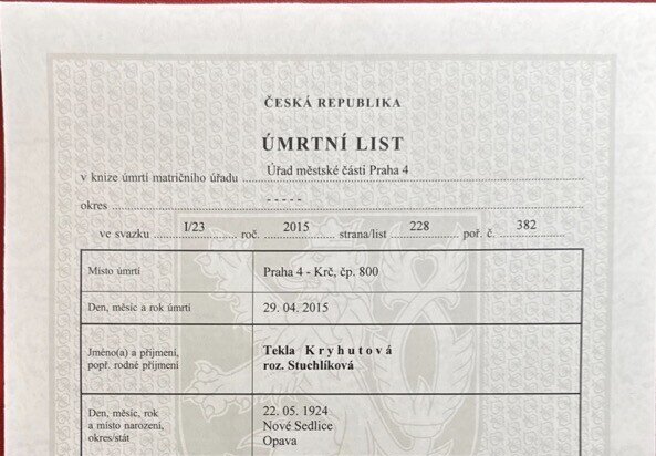 Výřez zápisu: Úmrtní list Tekly Kryhutové