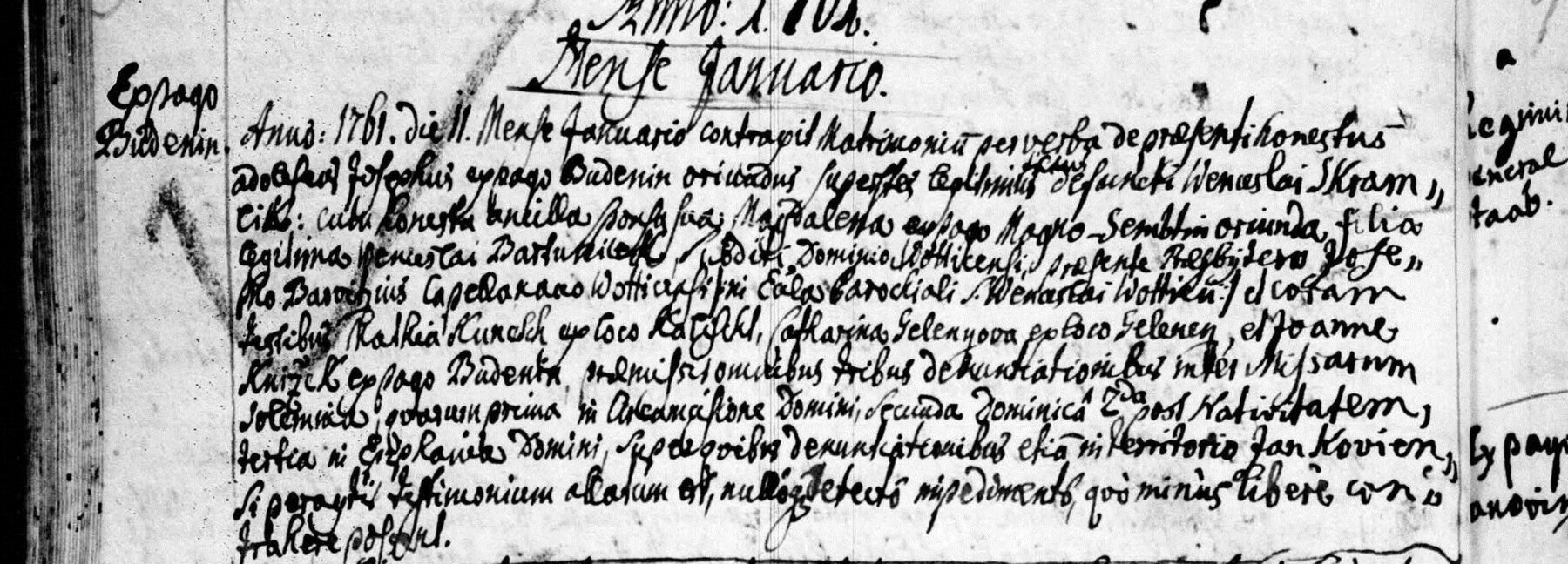 Výřez zápisu: Sňatek Josefa Škramlíka a Magdaleny Bartůňkové
